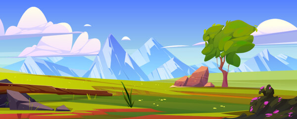 Spring landscape of lawn on mountain valley with green grass. Natural scene with meadow, log, stones, tree, bushes with flowers and rocks on horizon, vector cartoon illustration