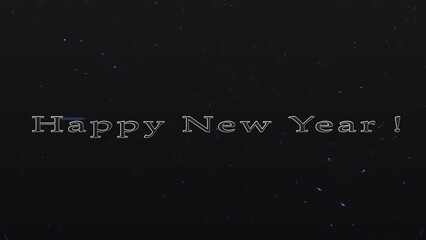 2023 Happy New Year text animation in black background metallic text with a gold border