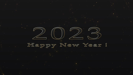 2023 Happy New Year text animation in black background metallic text with a gold border