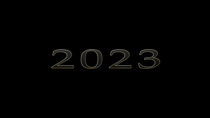 2023 Happy New Year text animation in black background metallic text with a gold border