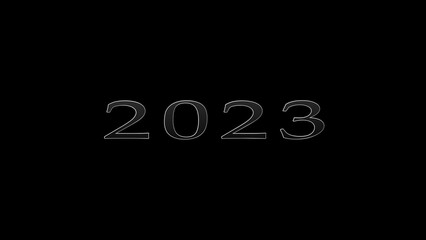 2023 Happy New Year text animation in black background metallic text with a gold border