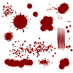 Splash blood drop.Bloodstains.Red ink splatter.Set of blots.Bloody.Abstract grunge.Liquid.Drop and blob.Paint brush texture.Happy Halloween.Vector illustration.Sign, symbol, icon or logo isolated.