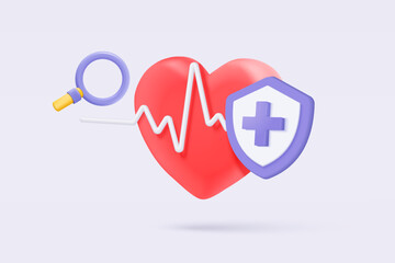3d red heart with pulse line with magnifier and plus icon. heartbeat or cardiogram, pulse beat measure, cardiac assistance, medical first aid and health care. 3d aid vector icon render illustration - obrazy, fototapety, plakaty