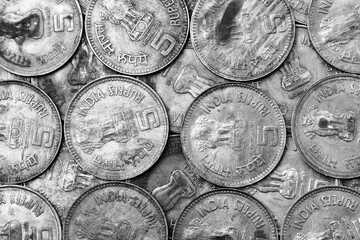 Indian old five rupees coins in full frame. Vintage coins. Old coins.