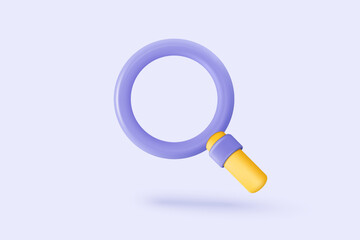 3D minimal purple search bar or magnifying glass in blank search bar on white background. Search bar design element on web browser. 3d vector magnifier render for UI illustration in pastel background