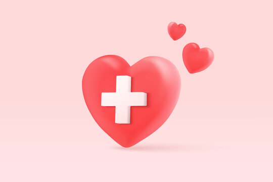 3d Red Heart With Plus Sign Icon In Pink Background. Heartbeat Or Cardiogram For Healthy Lifestyle, Pulse Beat Measure, Cardiac Assistance, Medical Healthcare. 3d Aid Vector Icon Render Illustration