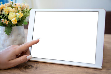 female hand hold white computer tablet with isolated screen