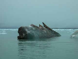 Dirty iceberg with sand and silt floating in the arctic ocean. Severely affected by global warming...