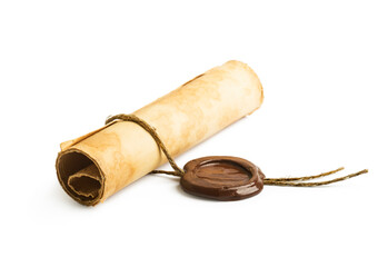 old paper with a wax seal isolated on white background
