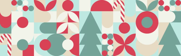 Gardinen Geometrisches nahtloses Muster mit Wintermustern, Weihnachtsbäume im skandinavischen Stil. Neujahr - trendige farbige Mosaikstruktur für Textilien und Tapeten. © Nadzeya Pakhomava