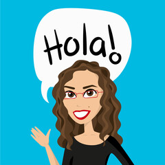 Illustration of a girl with a speech bubble with the word Hola in Spanish