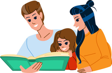 family reading vector. mother daughter, girl book, child home, together parent, father people, reading indoors, young smiling, kid family reading character. people flat cartoon illustration