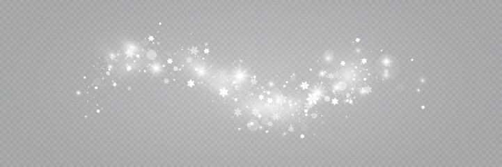 Particles of white magic dust. Shining light particles.Christmas glitter particles. Light effect on a transparent background.