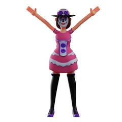 3D illustration. 3D Cartoon Sugar Skull in his hands. both hands raised up. wearing cute costumes. 3D Cartoon Character
