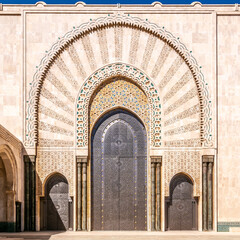 View at the decoration at doors of Hasan II. mosque in Casablnca, Morocco