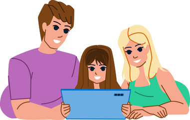 family tablet vector. home child, father daughter, mother technology, happy internet, fun digital, lifestyle computer family tablet character. people flat cartoon illustration