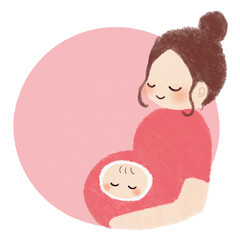 妊婦とお腹の中の赤ちゃんのかわいいイラスト　コピースペース