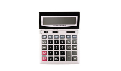 Big silver electronic calculator with gray and black buttons. Large digital object cut from...