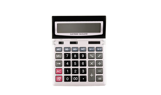Big silver electronic calculator with gray and black buttons. Large digital object cut from background. Isolated image. Financial tool. Count instrument. Numbers. Top view. Flat lay. Office stationery