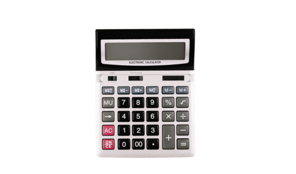Big silver electronic calculator with gray and black buttons. Large digital object cut from background. Isolated image. Financial tool. Count instrument. Numbers. Top view. Flat lay. Office stationery
