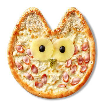 Funny Owl-shaped Pizza With Cream Cheese Sauce, Chicken, Vienna Sausage, Pineapple, Olives, Pickled Cucumber And Sesame