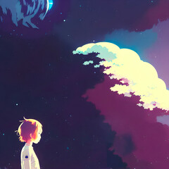 cover of a astronaut, cloudy sky background, lush landscape, 3d illustration, anime