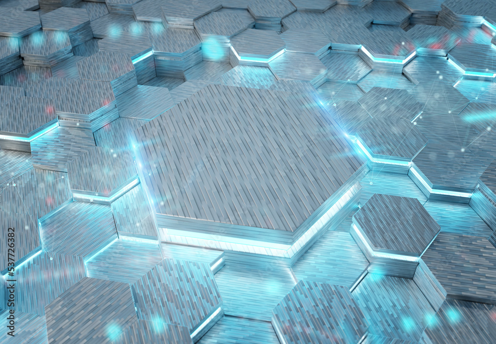Aufkleber Glowing white and blue hexagons podium background pattern. Hexagonal metal surface with lights and reflections. 3D rendering
