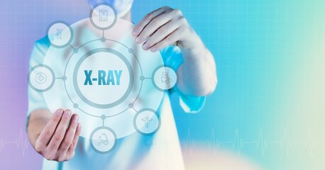 X-ray. Medicine in the future. Doctor holds virtual interface with text and icons in circle.