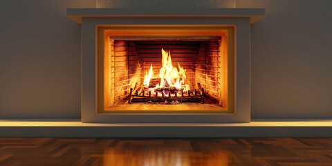Burning fireplace, cozy home interior. Fire burning, wooden floor, front view