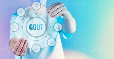 Gout. Medicine in the future. Doctor holds virtual interface with text and icons in circle.