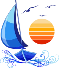 Fototapete Zeichnung Segelboot stilisiertes abstraktes Vektor-Logo-Design mit Sonne und Vögeln, die auf transparentem Hintergrund fliegen