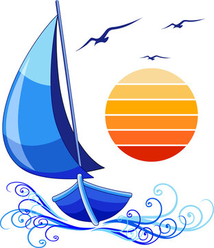 Sailing boat Stylized Abstract Vector Logo Design with Sun and Birds Flying on transparent background