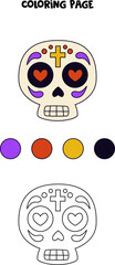 Color cartoon Mexican skull. Worksheet for kids.