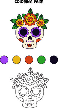 Color cartoon Mexican skull. Worksheet for kids.