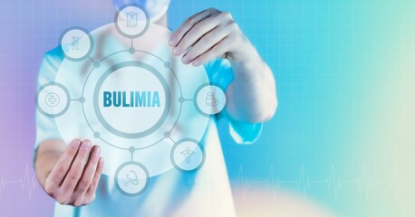 Bulimia nervosa. Medicine in the future. Doctor holds virtual interface with text and icons in circle.