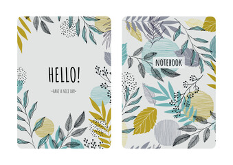 Cover design with floral pattern. Hand drawn plants. Modern artistic background with herbs. Invitation, greeting card, cover book, notebook. Size A4. Vector illustration