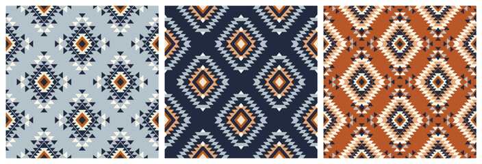Tribal navajo seamless pattern. Color mexican, aztec and maya ornament, ethnic stylish fabric geometric print wallpaper texture vector set. Unique folk, national culture collection - obrazy, fototapety, plakaty