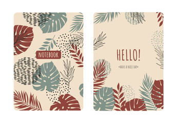 Fototapeta na wymiar Cover design with tropical pattern. Hand drawn plants. Modern artistic background with herbs. Invitation, greeting card, cover book, notebook. Size A4. Vector illustration