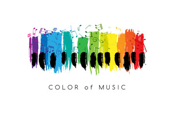 Rainbow piano keys with notes. Colorful music conceptual vector composition with splash paint elements. Design element for concert, holiday or festival. © KsanaGraphica