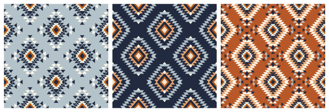 Tribal navajo seamless pattern. Color mexican, aztec and maya ornament, ethnic stylish fabric geometric print wallpaper texture vector set. Unique folk, national culture collection