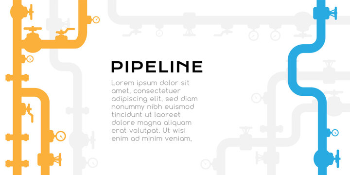 Pipelines textured background with copy space. Industrial vector banner with pipes and equipment.