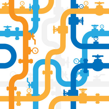 Pipelines textured seamless background. Industrial vector pattern with pipes and equipment.