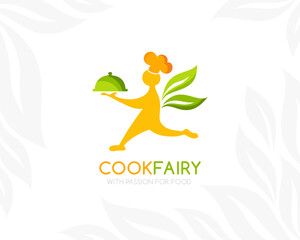 Catering logo template. Cook with food tray.