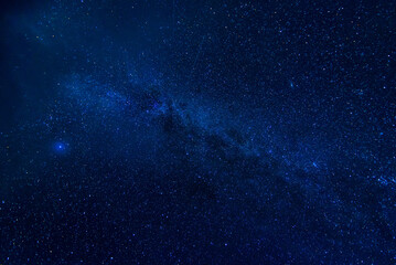 blue starry night sky with the milky way and galaxies. Astrophotography with many stars and constellations
