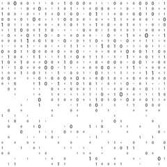 Black and white digital background with numbers on the screen. Binary code matrix. Data technologies.