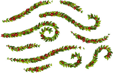 Christmas decorations withholly leaves, red poinsettia flowers and white snow, Ornamental design elements collection.