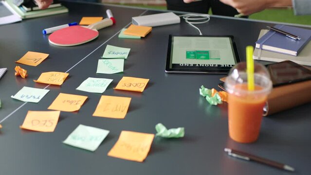 Sticky notes, working and seo meeting of staff on a online marketing strategy project. Teamwork, collaboration and website content schedule planning of a internet advertising team with iot data