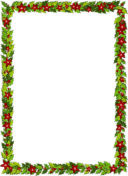 Christmas decorations withholly leaves, red poinsettia flowers and white snow, Vertical frame with copy space,
