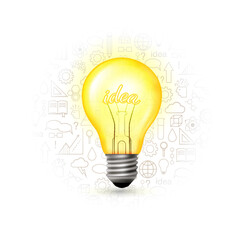 Light bulb  with idea text on the background from line icons.
