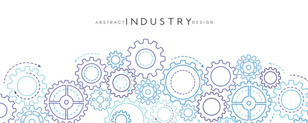 Technology abstract background from gearwheels composition. Horizontal light banner for teamwork, industrial, communication or automation conceptual design. - obrazy, fototapety, plakaty